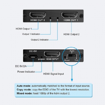 SWSP07B,HDMI 2.0 Splitter 1 in 2 out for two monitors with Scaler function