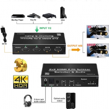 SW04B，HDMI switcher splitter 2 in 2 out with audio extraction